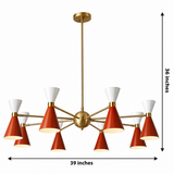 Malibu 8 light double cone chandelier dimension view showing 39 inch width and 36 inch overall height with red and white shades.