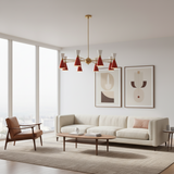 Malibu 8 light Mid-Century Modern chandelier shown from the front with red and white double cone shades and brass-tone radial arms.