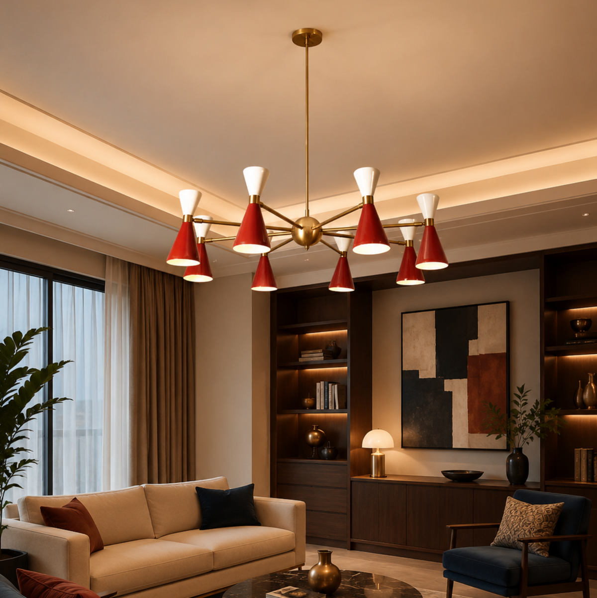 Malibu 8 light red and white double cone chandelier illuminated in a sophisticated contemporary living room with warm ambient lighting.