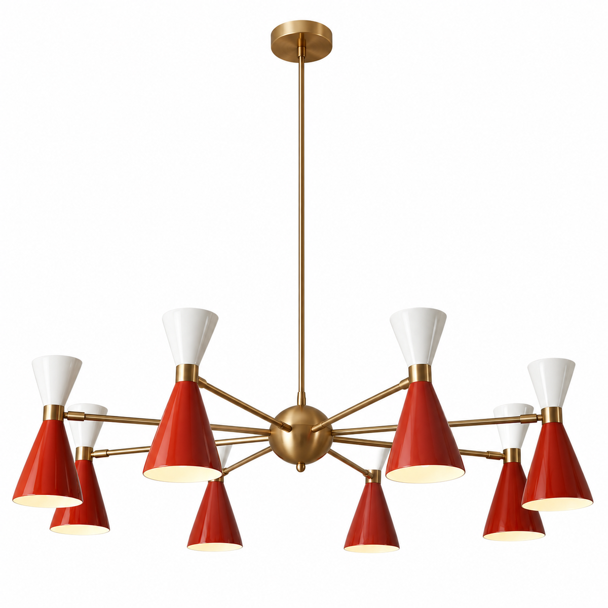 Malibu 8 light Mid-Century chandelier shown from a side angle highlighting its radial arms and red and white double cone shades.