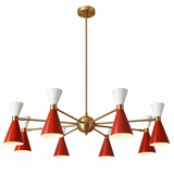 Malibu 8 light Mid-Century chandelier shown from a side angle highlighting its radial arms and red and white double cone shades.