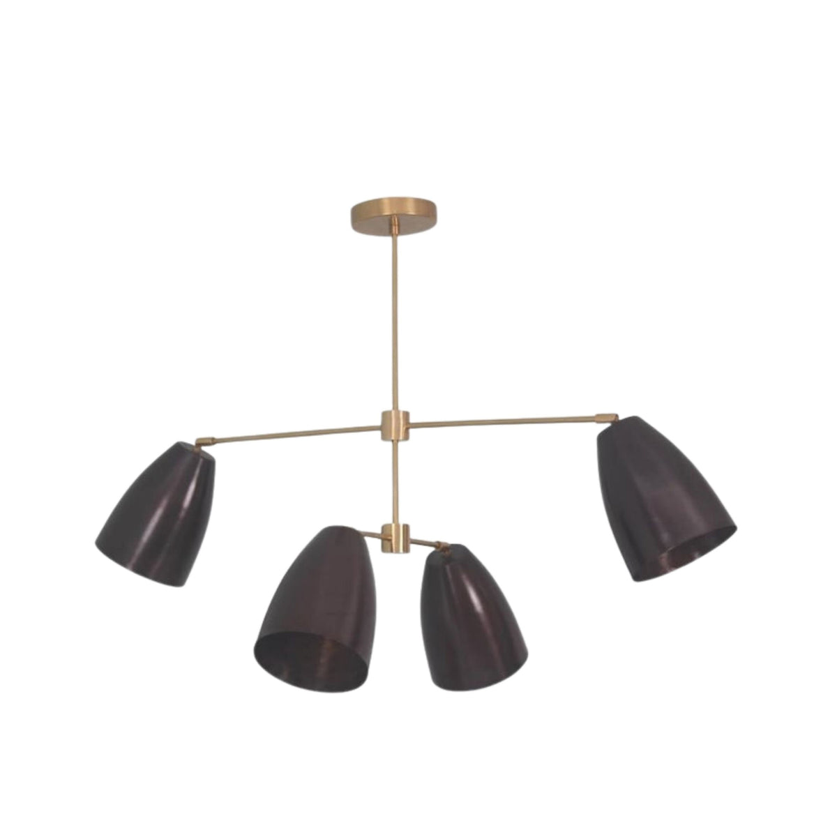 Mallorca 4 light linear cone chandelier shown from an alternate angle with sculptural brass framework and dark shades.