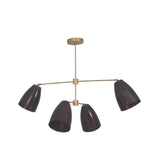 Mallorca 4 light linear cone chandelier shown from an alternate angle with sculptural brass framework and dark shades.