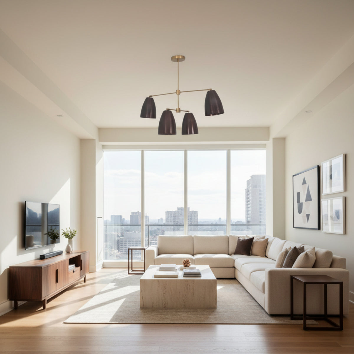 Mallorca 4 light Mid-Century Modern chandelier close angled view highlighting dark cone shades and brass metal framework.