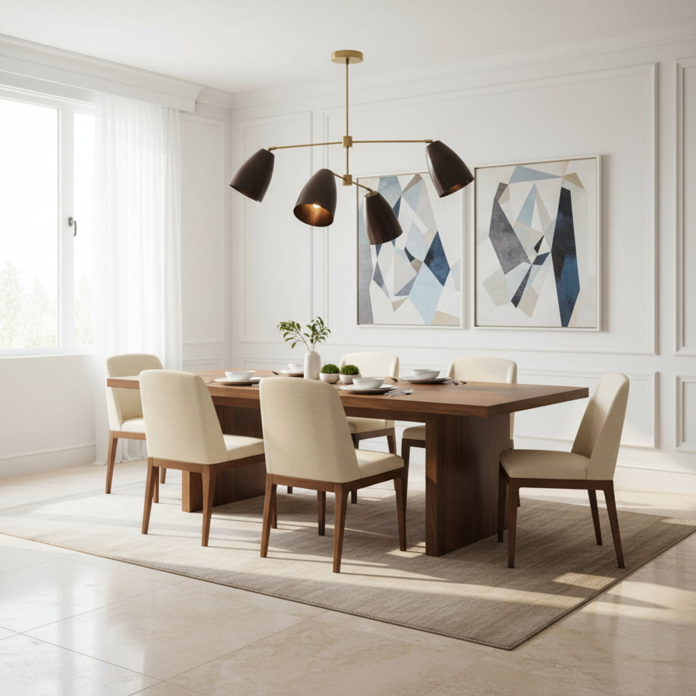 Mallorca 4 light linear chandelier with dark cone shades and brass frame shown from the front on a white background.