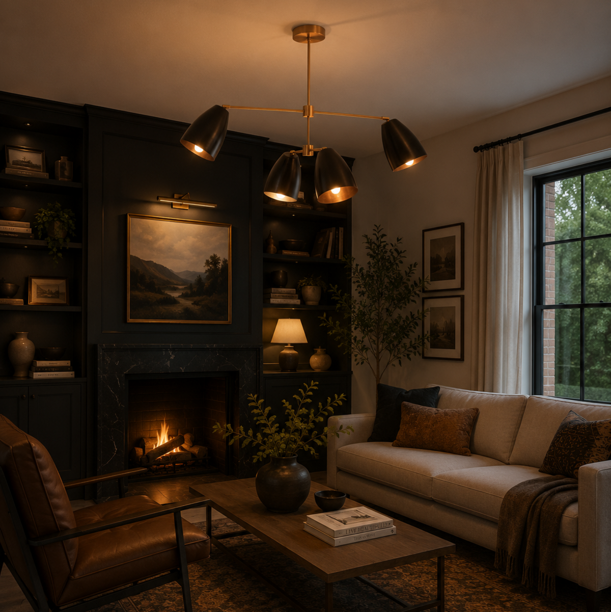 Mallorca 4 light dark cone and brass chandelier illuminated in a warm Mid-Century Modern living room setting.