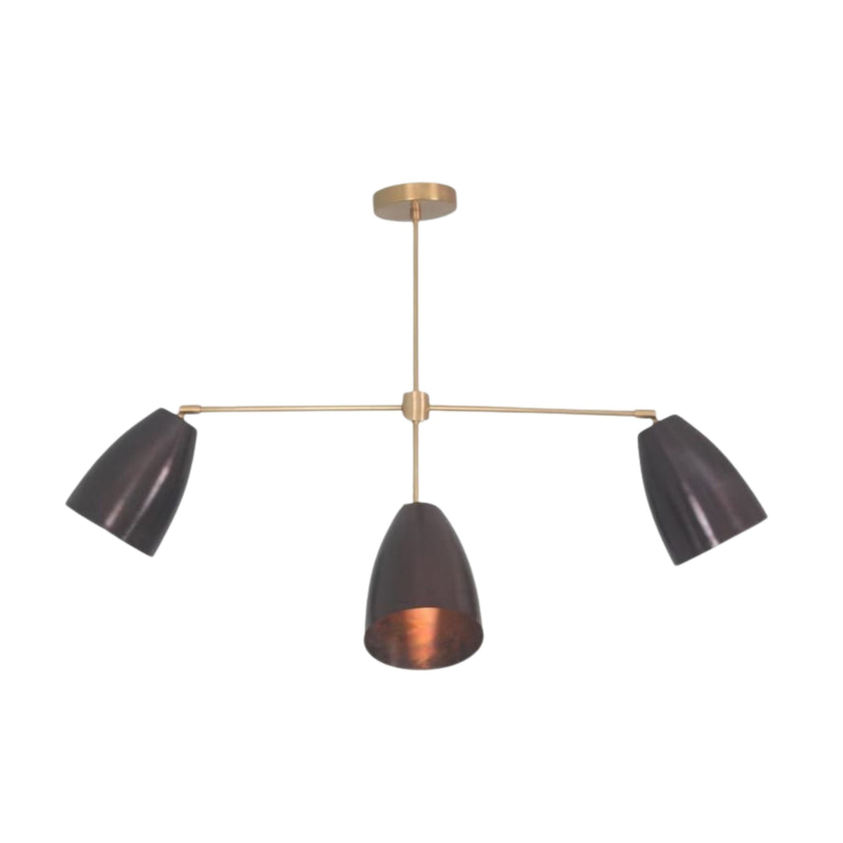 Mallorca 4 light chandelier shown from a straight front view with brass suspension rod and dark tapered cone shades.