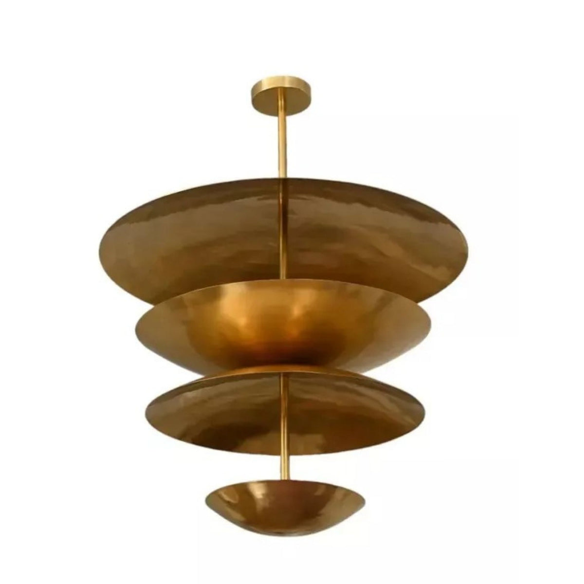 Mallorca 8 light brass-tone sculptural tiered disc chandelier shown in a close-up angled view with layered bowl shades.