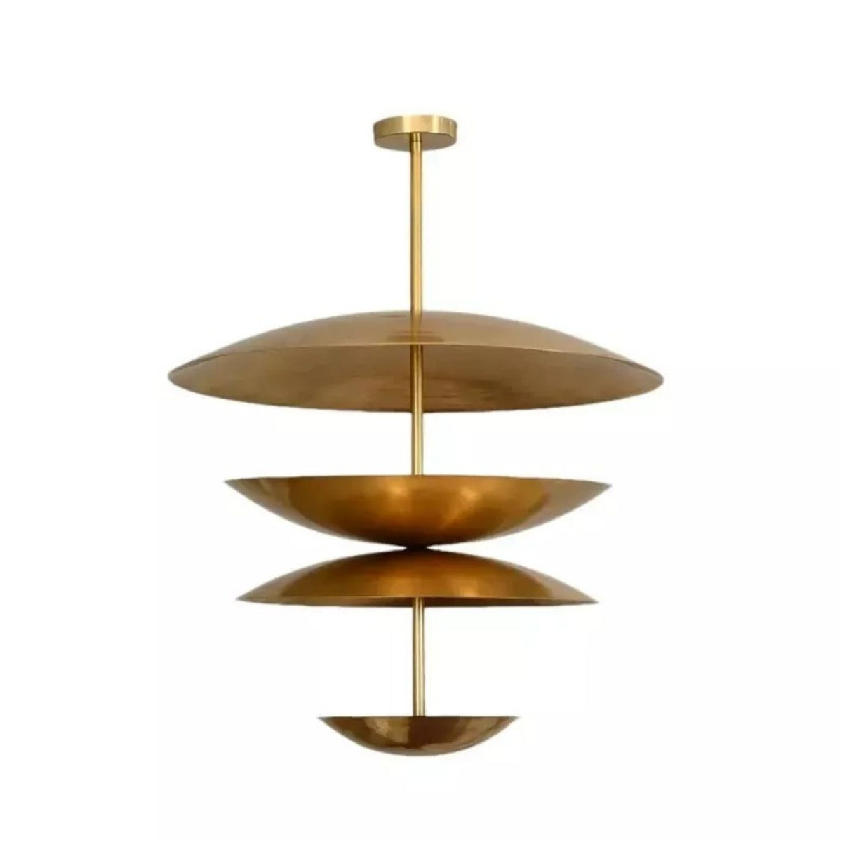 Mallorca 8 light brass-tone tiered disc chandelier shown from the front with layered sculptural metal bowl shades.