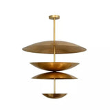 Mallorca 8 light brass-tone tiered disc chandelier shown from the front with layered sculptural metal bowl shades.