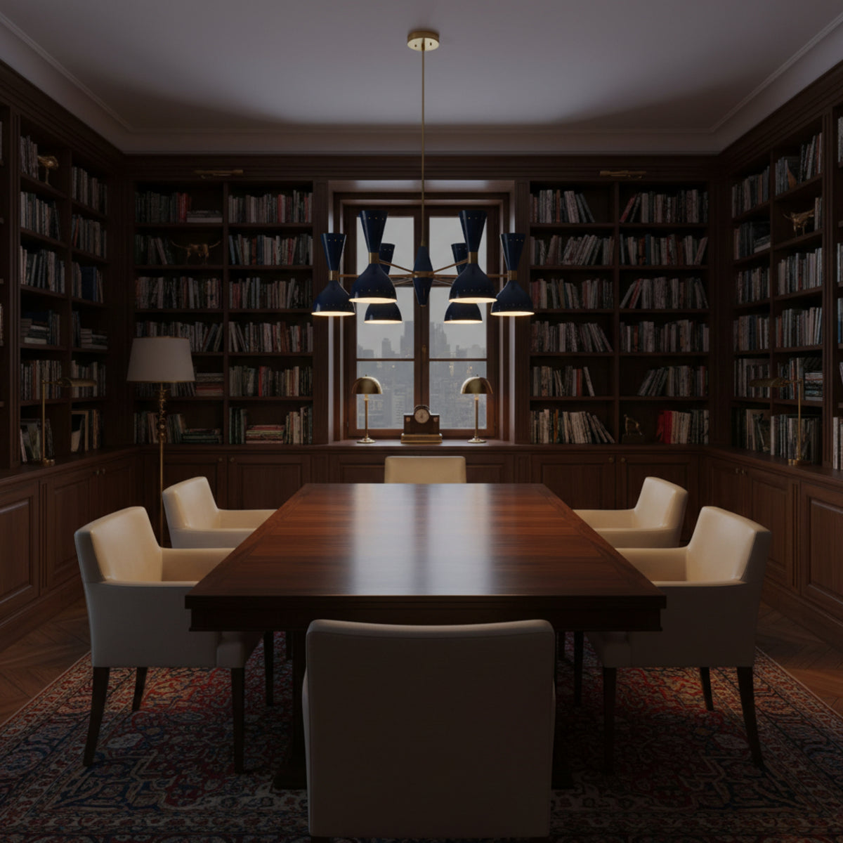 Manhattan 12 light Mid-Century Modern chandelier shown from the front with navy blue sculptural shades and warm brass-tone accents.