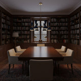 Manhattan 12 light Mid-Century Modern chandelier shown from the front with navy blue sculptural shades and warm brass-tone accents.