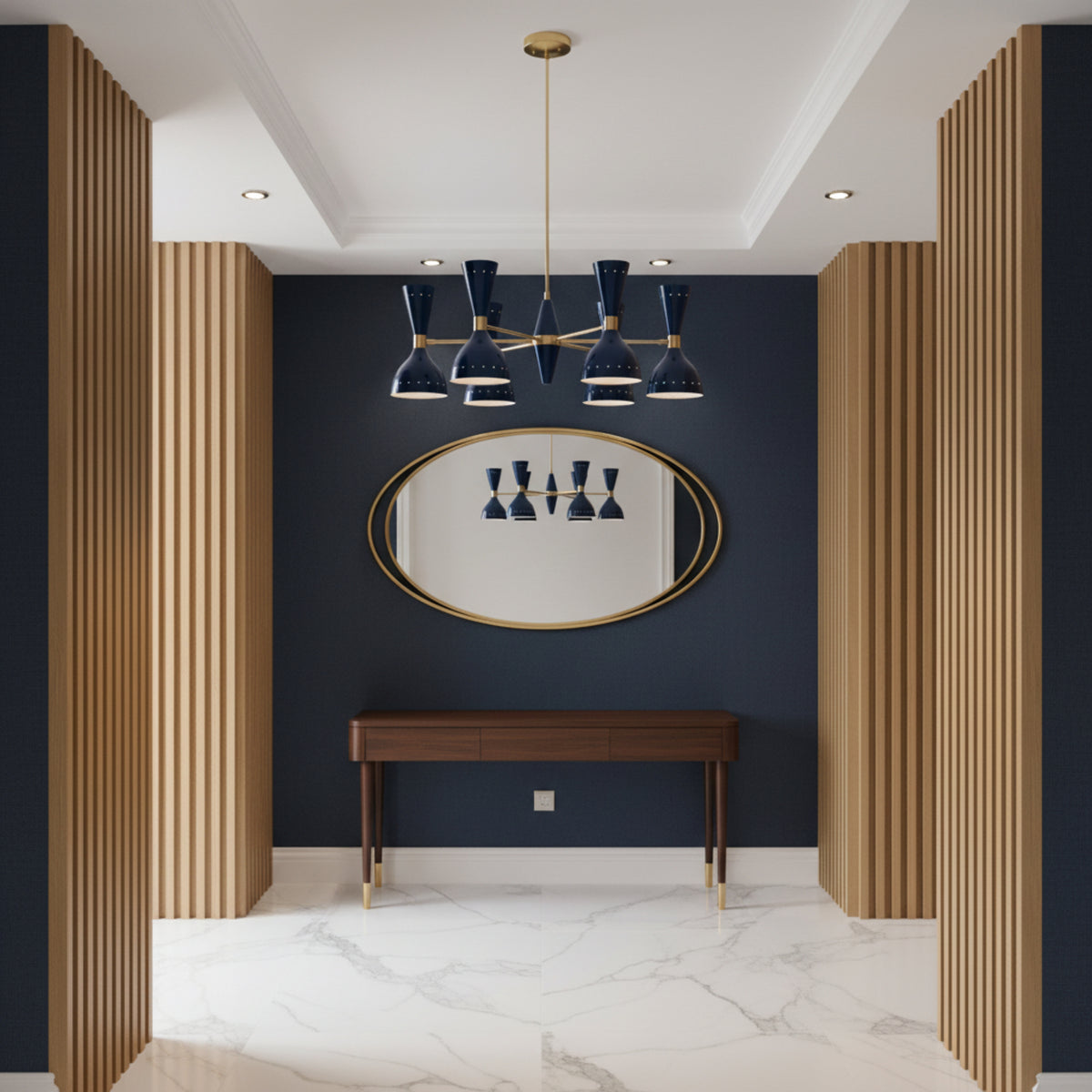 Manhattan 12 light blue double-cone chandelier shown from an angled view highlighting its sculptural radial frame and brass-tone arms.