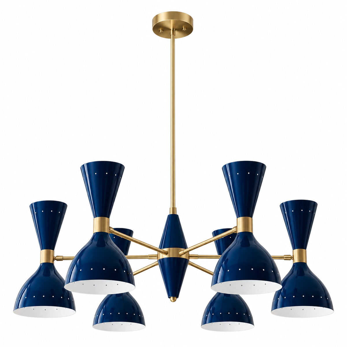 Manhattan 12 light sculptural chandelier shown in a closer view highlighting navy blue cone shades, white interiors, and brass-tone details.