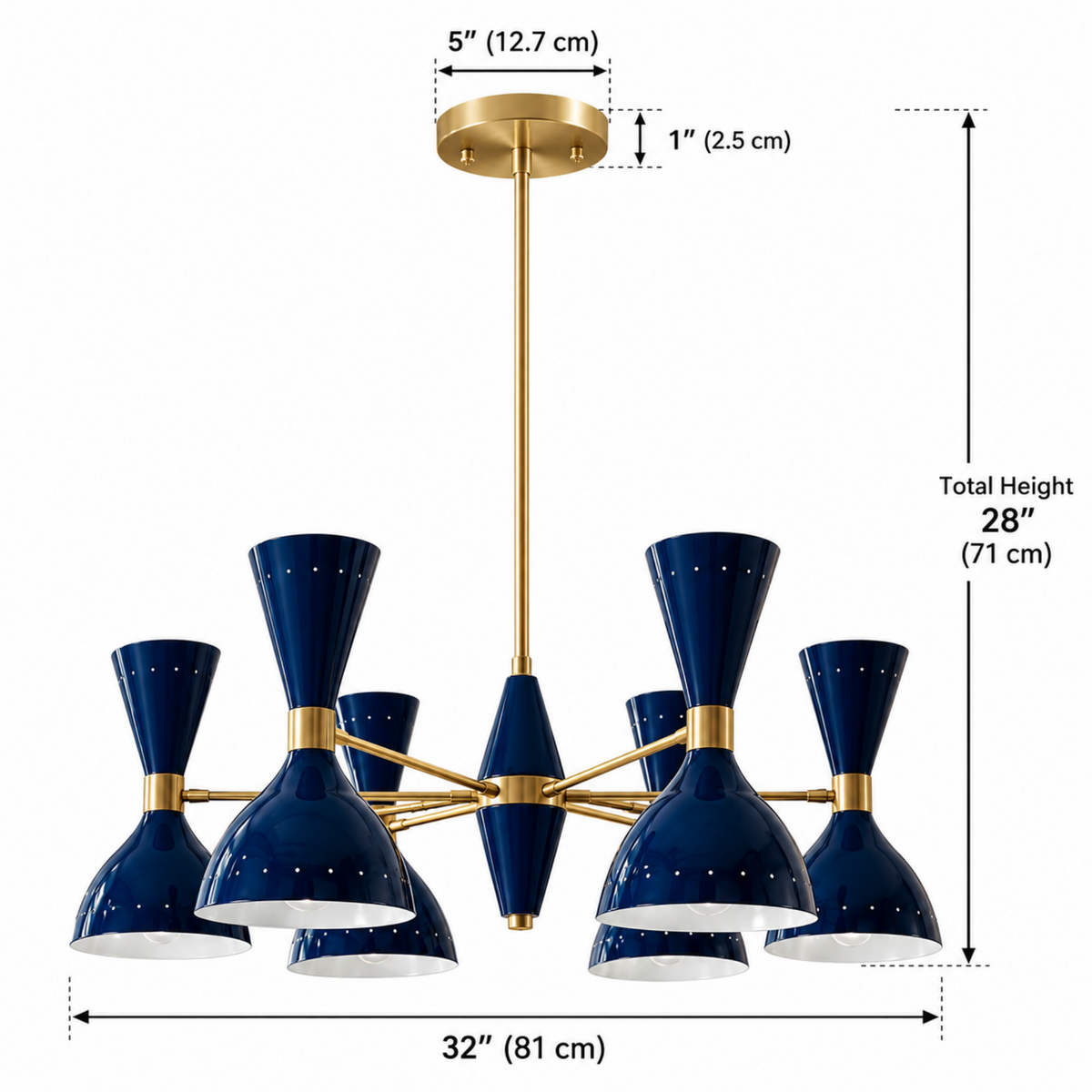 Manhattan 12 light double-cone chandelier dimension view showing 32 inch width and 28 inch overall height.