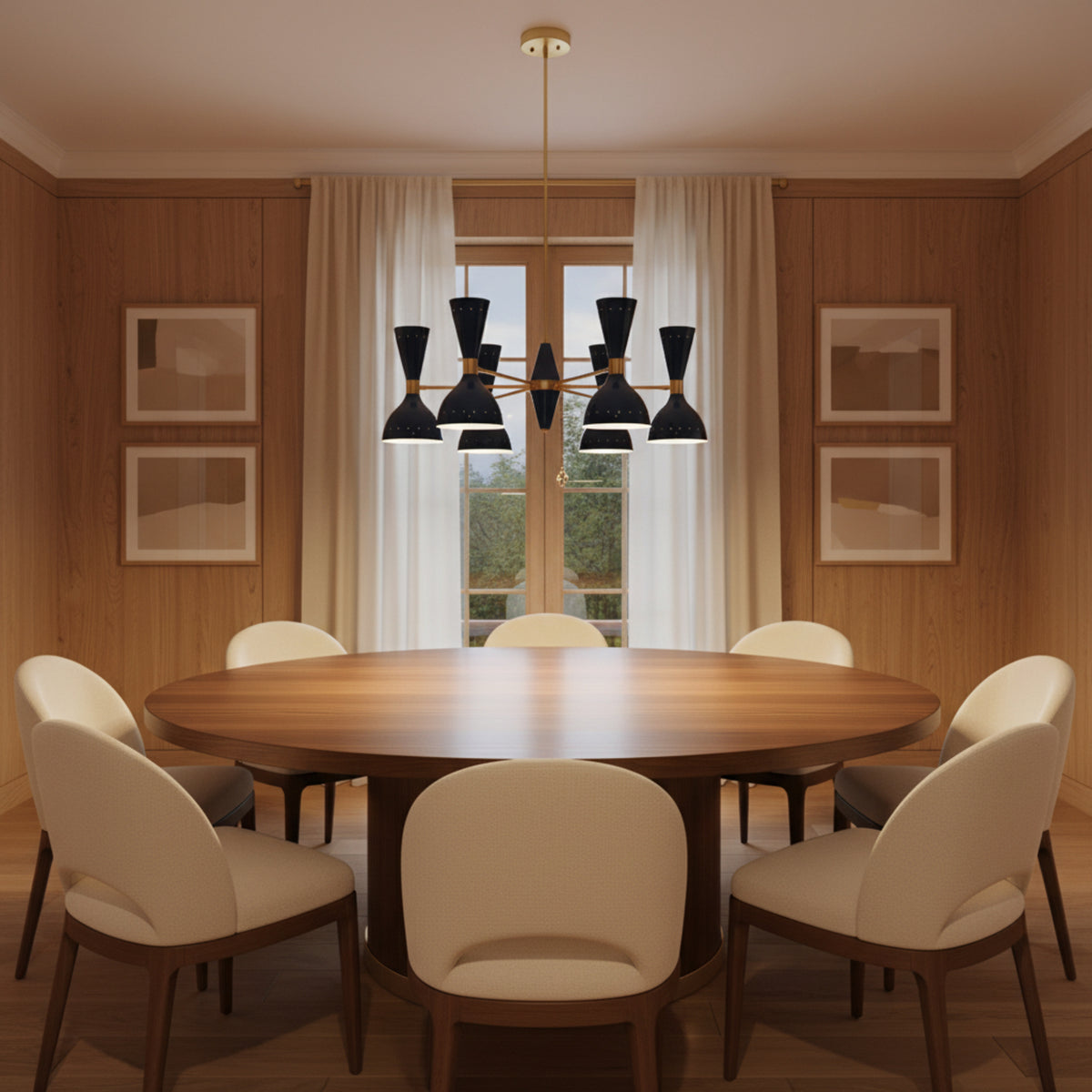 Manhattan 12 light chandelier shown from the front with deep blue double-cone shades, white interiors, and brass-tone radial arms.