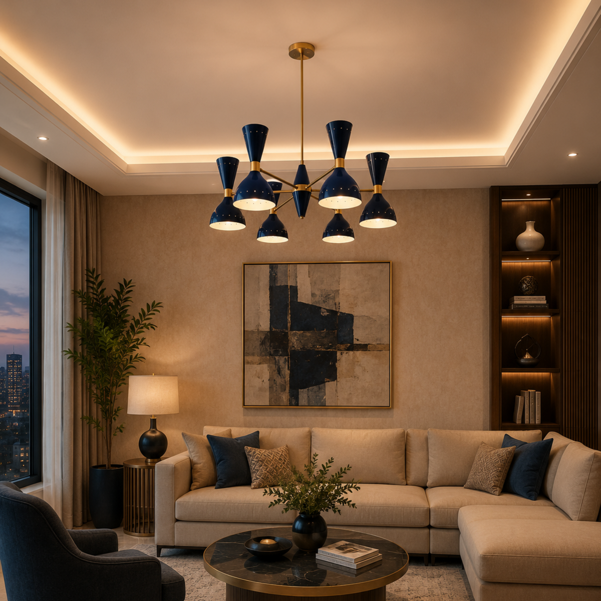 Manhattan 12 light navy blue chandelier illuminated in a sophisticated contemporary living room with warm ambient lighting.