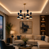Manhattan 12 light navy blue chandelier illuminated in a sophisticated contemporary living room with warm ambient lighting.