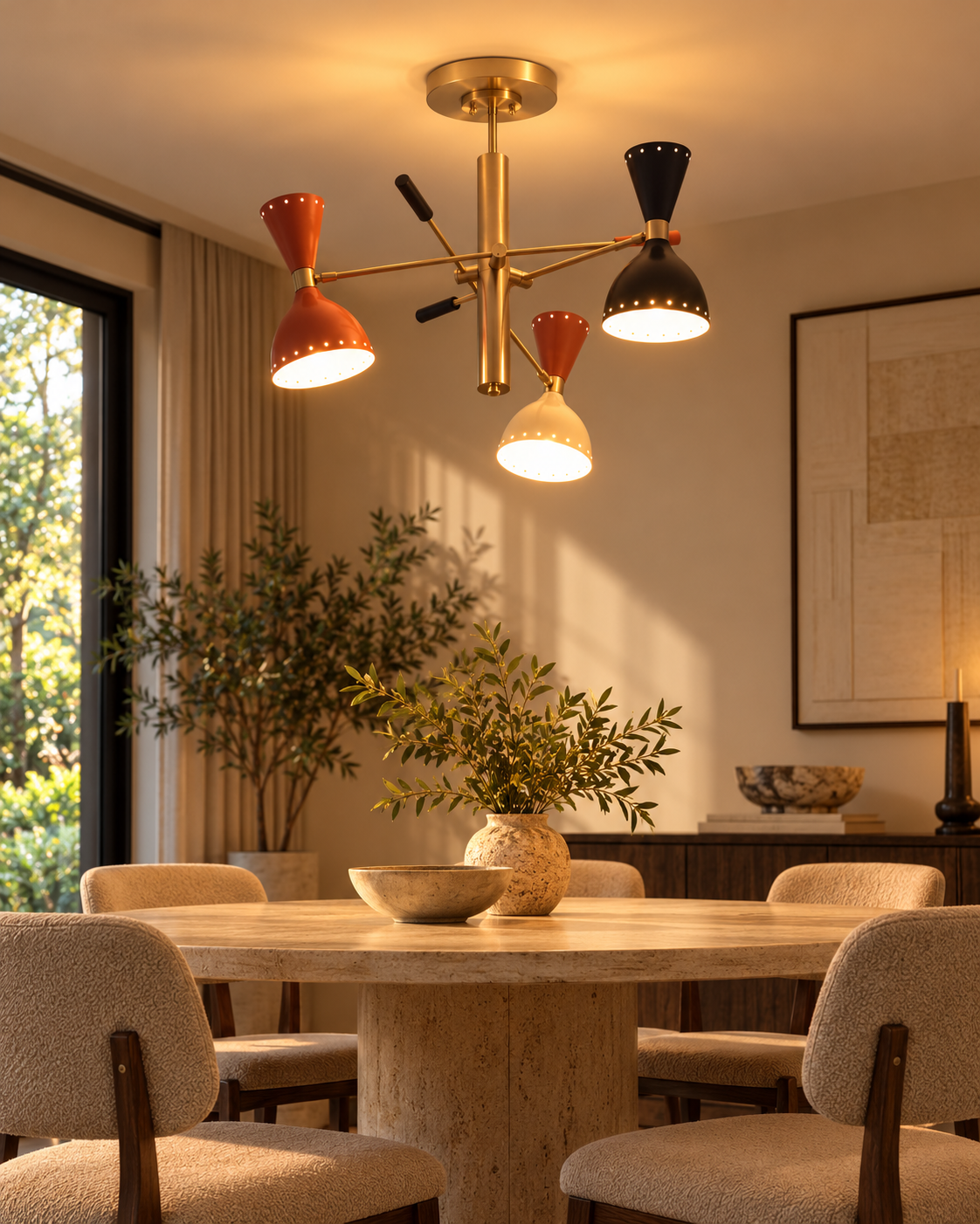 Manhattan mid-century modern chandelier illuminating an elegant dining room with a round stone table, upholstered chairs, and warm neutral decor.