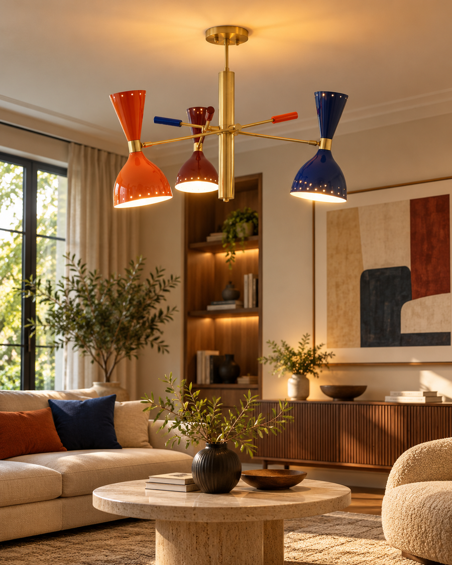 Manhattan colorful Sputnik chandelier with brass-tone arms illuminating a contemporary living room with beige sofa, marble coffee table, and walnut furniture.