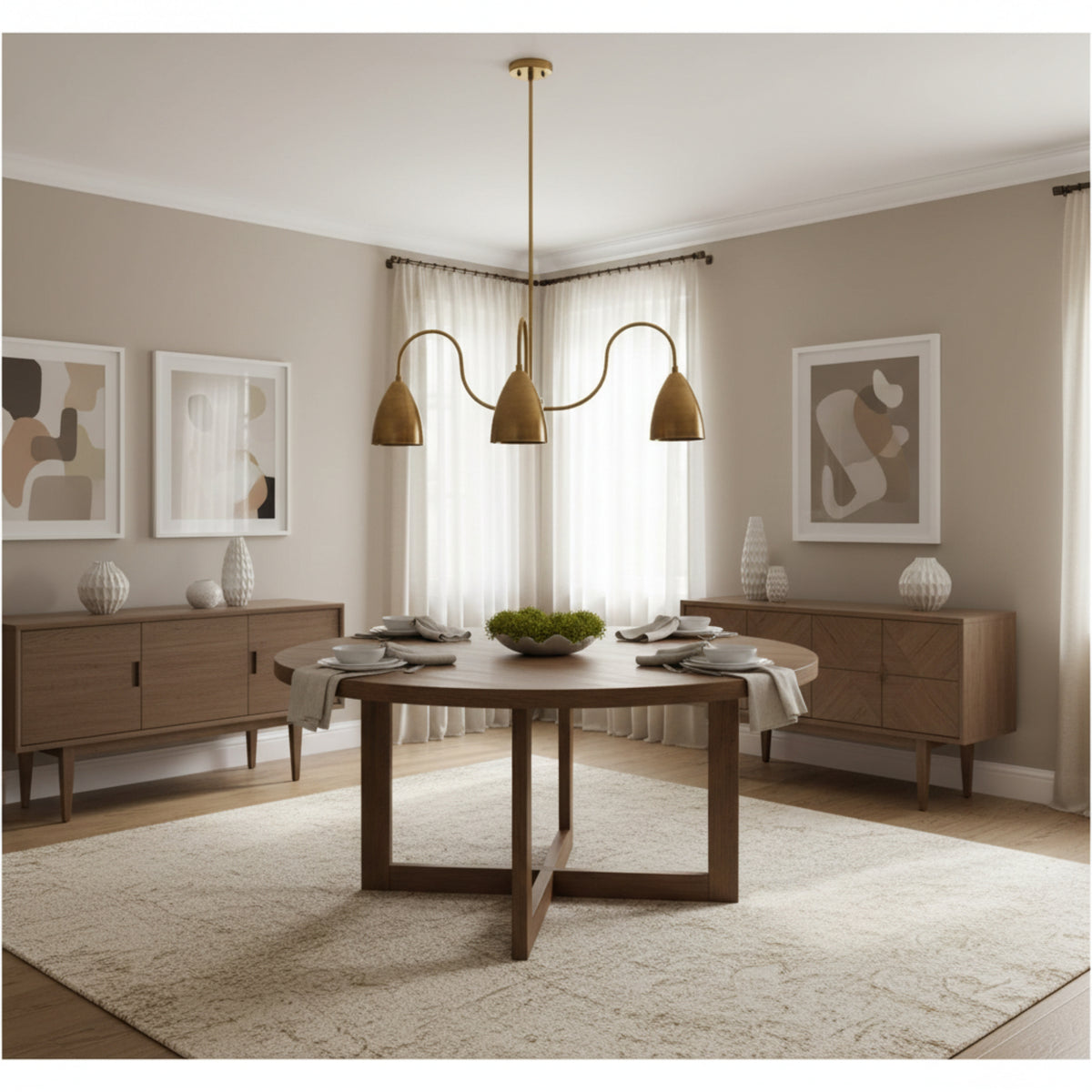 Marbella 3 light aged brass chandelier shown from an alternate side angle highlighting its sculptural three-arm design.