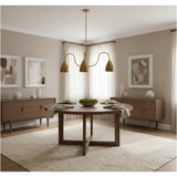 Marbella 3 light aged brass chandelier shown from an alternate side angle highlighting its sculptural three-arm design.