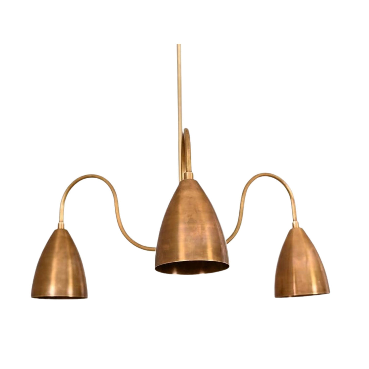 Marbella 3 light aged brass chandelier shown from an angled view with sculptural curved arms and cone-shaped shades.