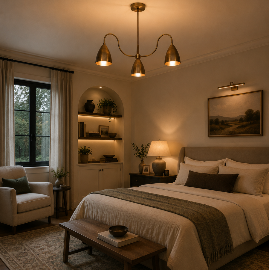 Marbella 3 light aged brass cone arm chandelier illuminated in an elegant warm bedroom interior above the bed.