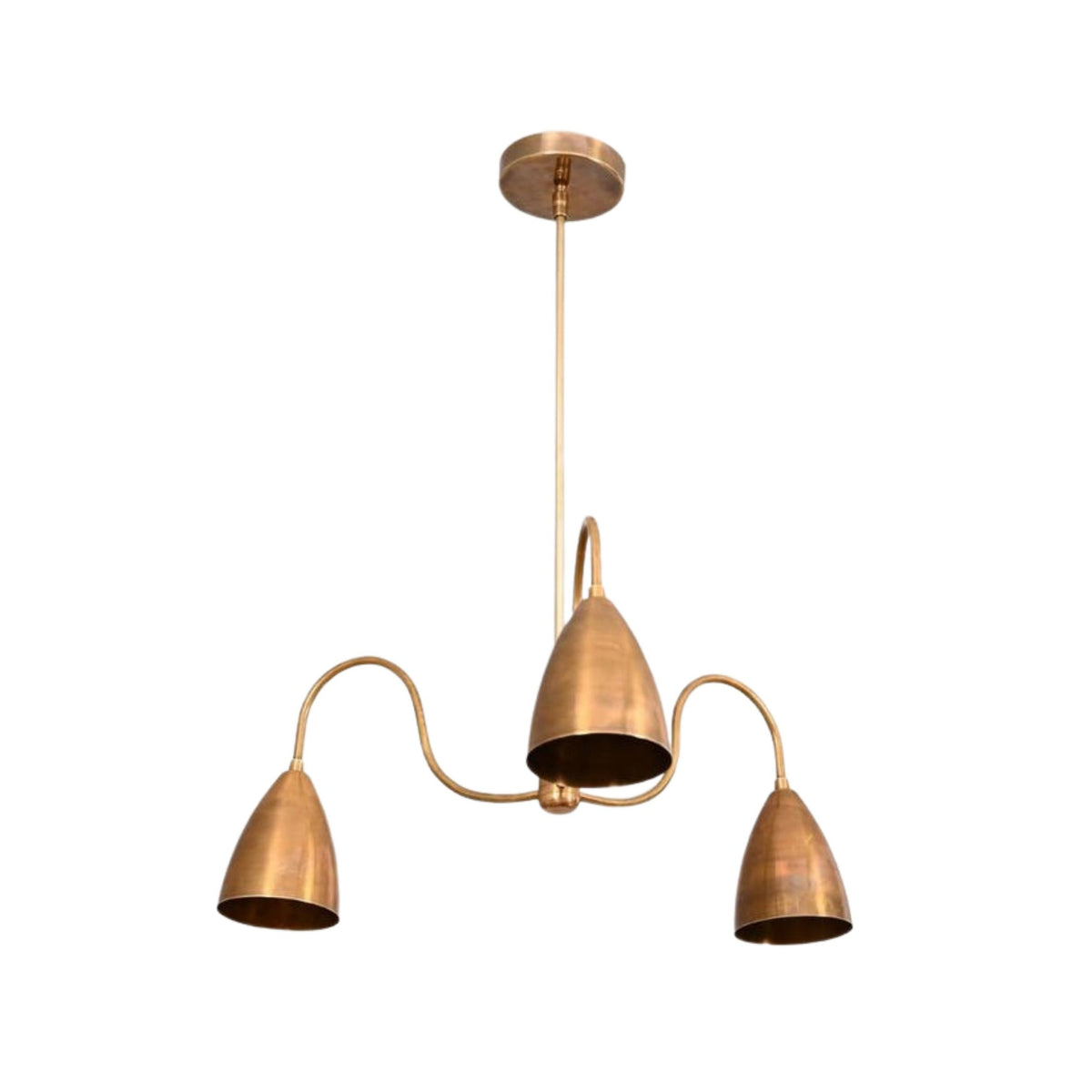 Marbella 3 light aged brass cone arm chandelier dimensions showing 27 inch width and 25 inch overall height.