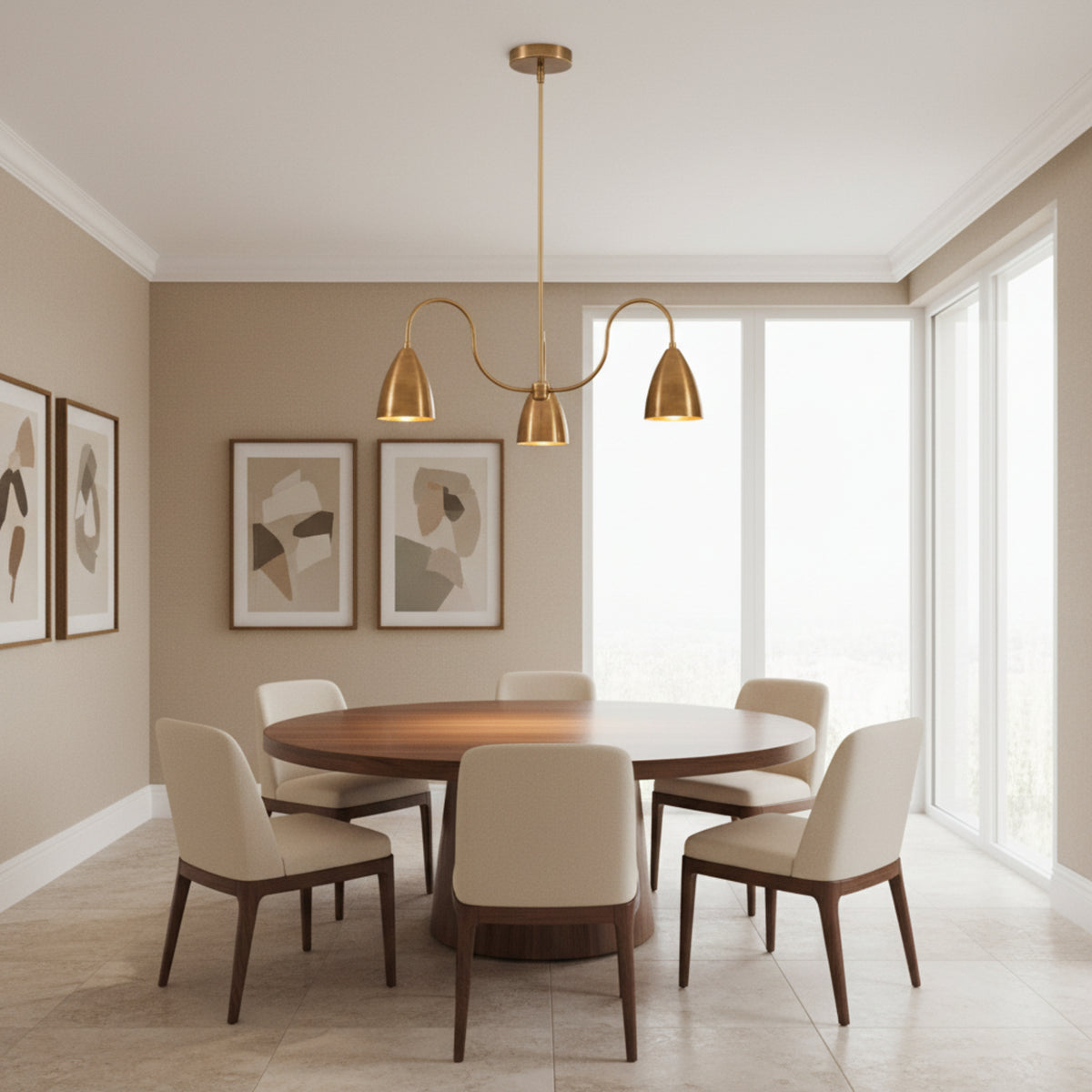 Marbella 3 light aged brass cone arm chandelier shown from the front with three downward-facing metal shades.