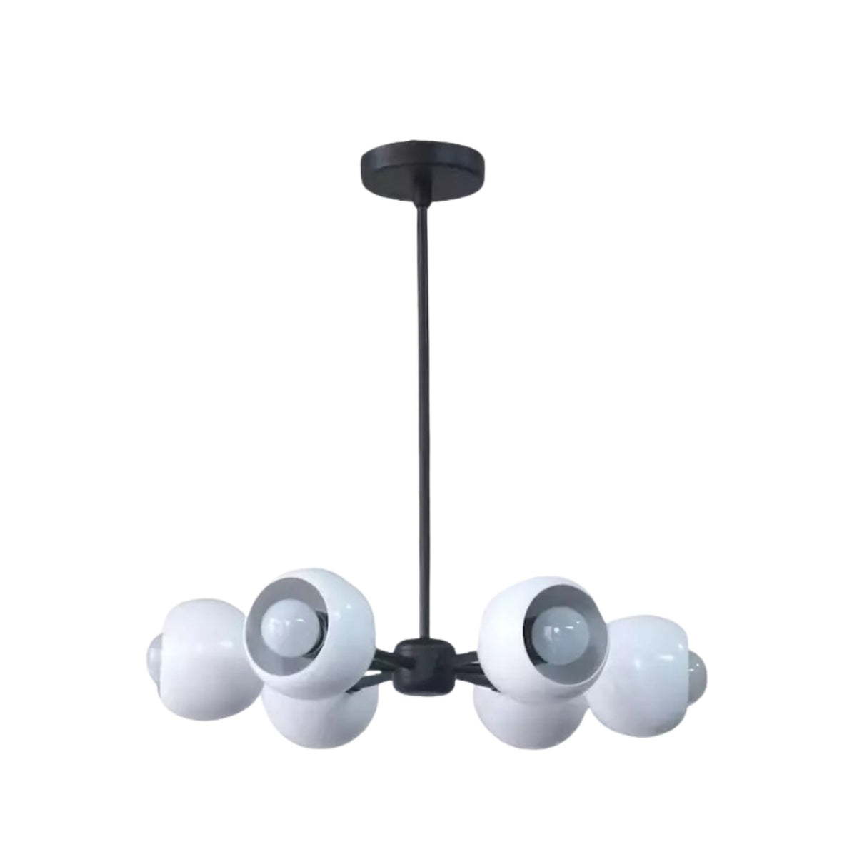 Marbella 6 light Mid-Century Modern dome chandelier shown from the front with six white open-front shades and a long black downrod.