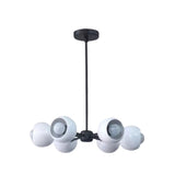 Marbella 6 light Mid-Century Modern dome chandelier shown from the front with six white open-front shades and a long black downrod.