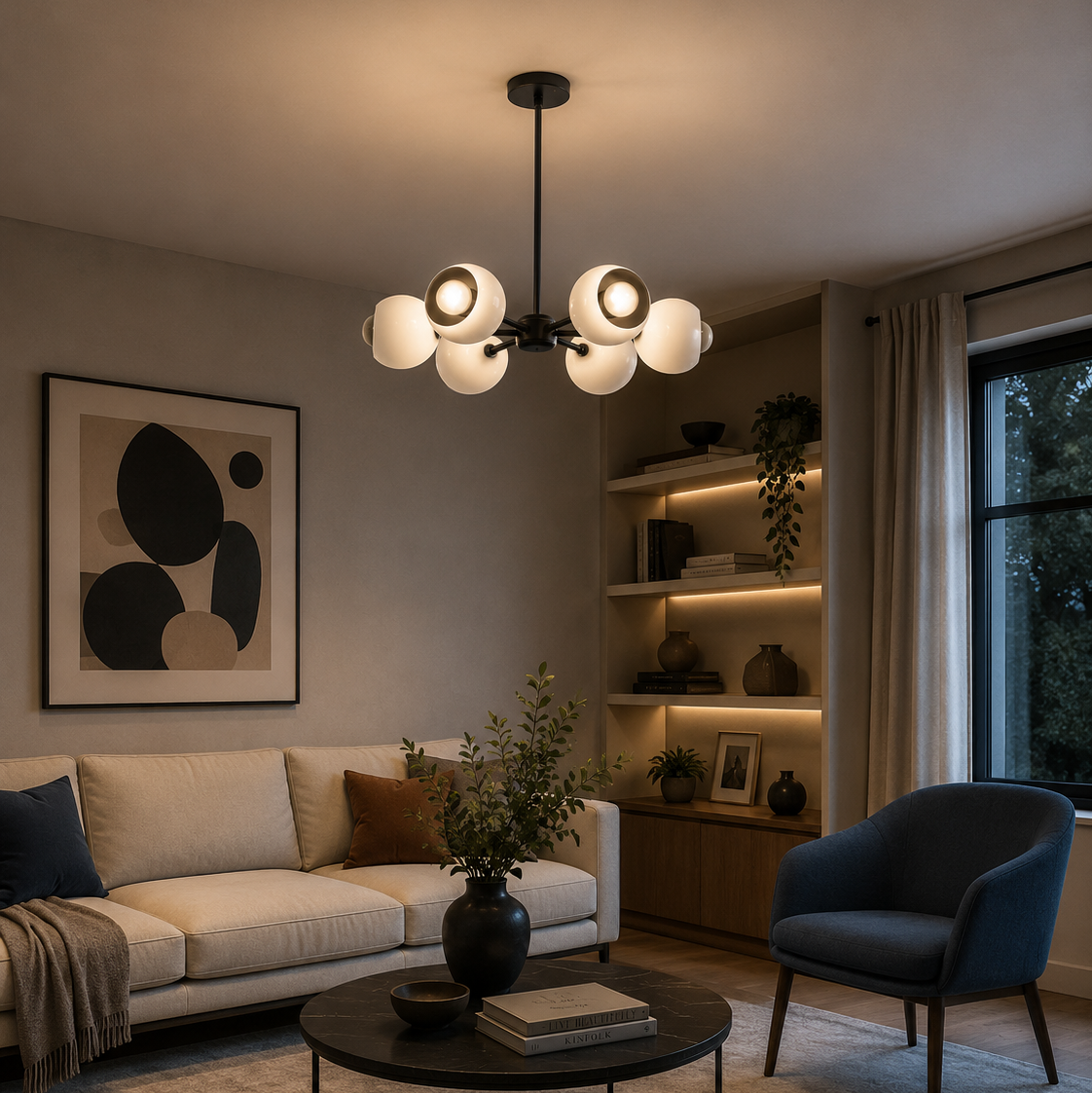 Marbella 6 light white dome chandelier illuminated in a cozy contemporary living room with warm evening ambient lighting.