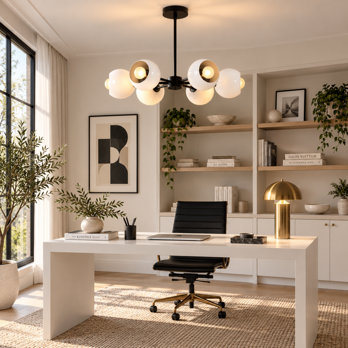 Marbella 6 light sculptural dome chandelier with white open-front shades and black frame displayed in a bright contemporary home office.