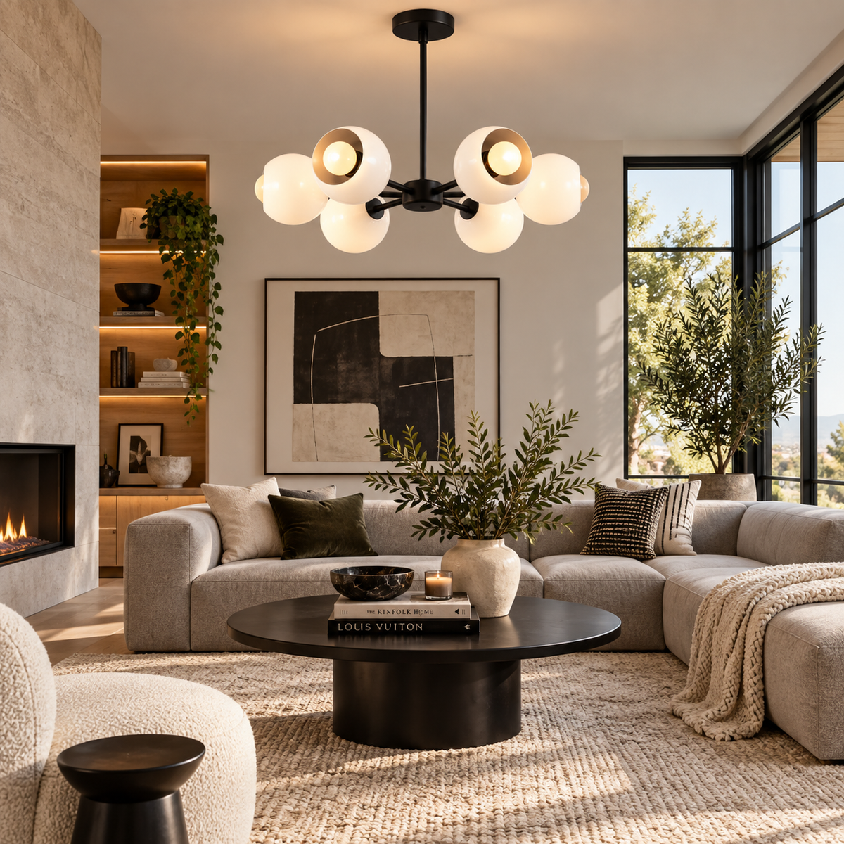 Marbella 6 light white dome chandelier with black radial frame displayed in a warm contemporary living room.