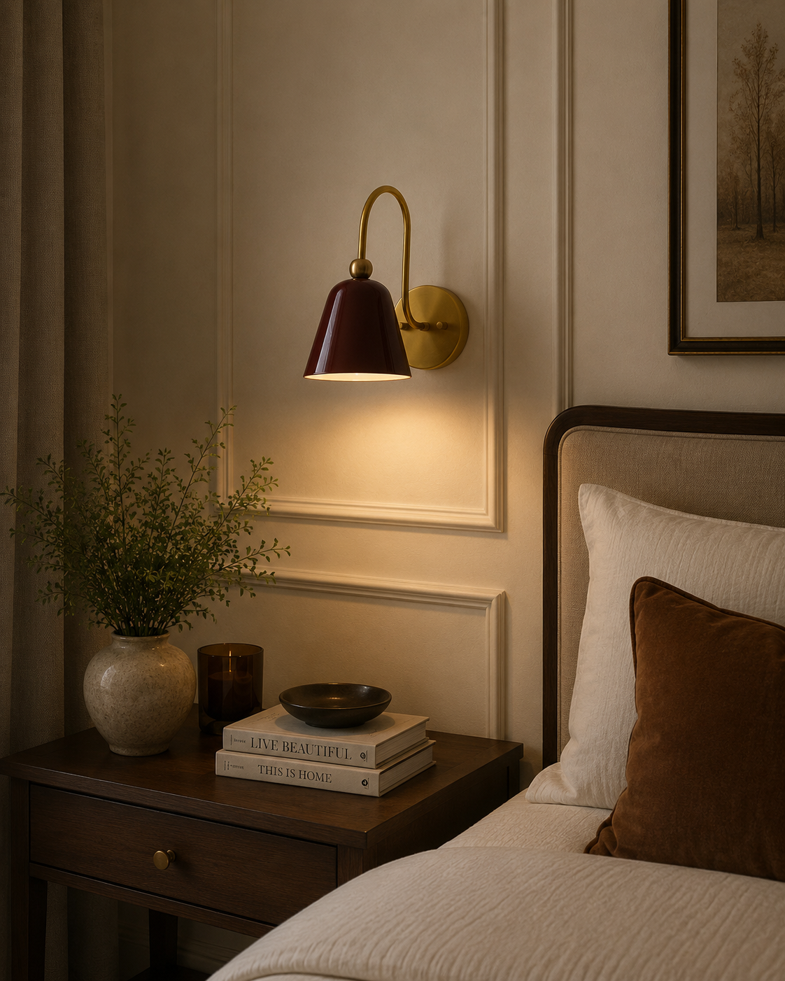 Marlow bell shade wall sconce installed beside a bed, casting warm downward light in an elegant bedroom interior – Model 32809