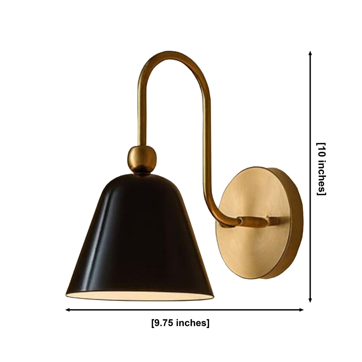 Marlow bell shade wall sconce with curved brass arm and dark metal shade, 10 inch height and 9.75 inch width – Model 32809