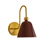 Side angle view of Marlow wall sconce with sculptural loop arm, round brass canopy and bell-shaped shade – Model 32809