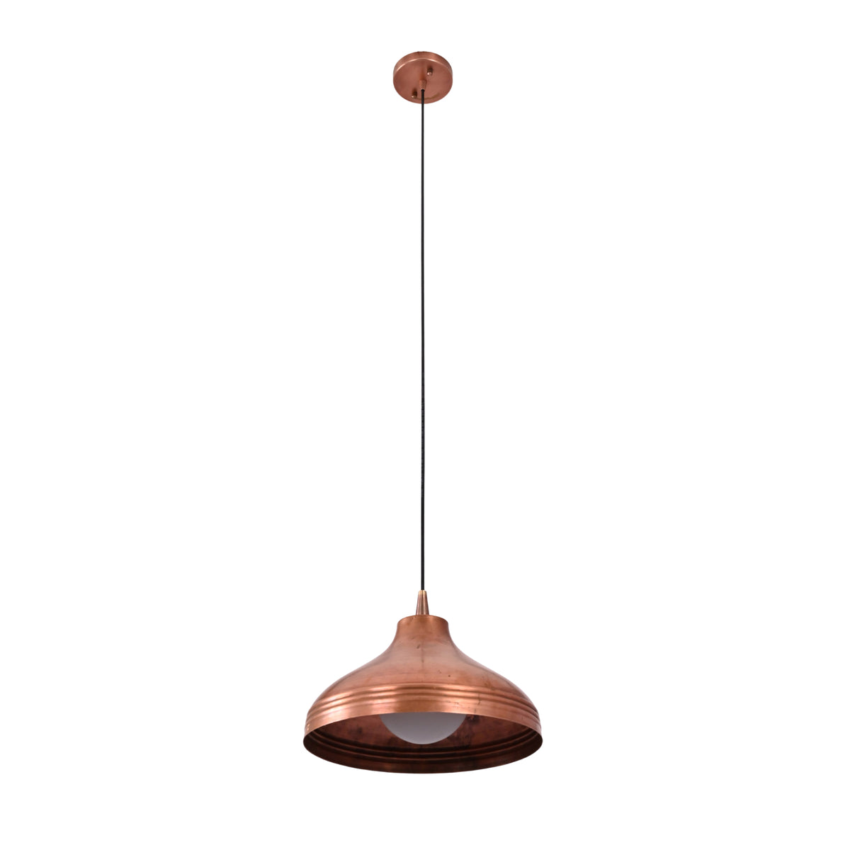 Bottom angled view of the Marlow Copper Dome Pendant Light featuring a spun copper dome shade with stepped detailing and centered globe bulb.