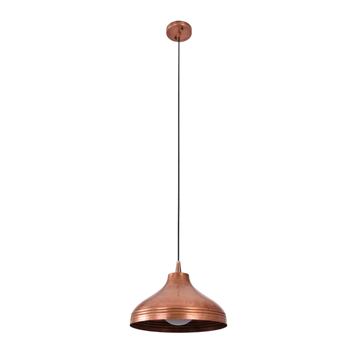 Bottom perspective of the Marlow Copper Dome Pendant Light displaying the wide dome opening, exposed bulb, and handcrafted copper interior.