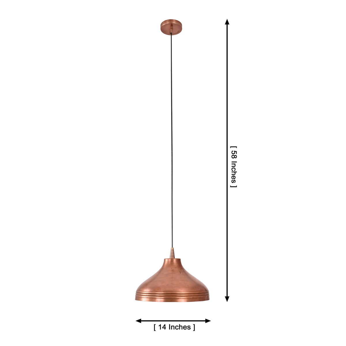 Dimension view of the Marlow Copper Dome Pendant Light showing a handcrafted copper dome shade with 14-inch diameter and adjustable 58-inch hanging height.