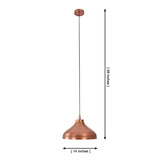 Dimension view of the Marlow Copper Dome Pendant Light showing a handcrafted copper dome shade with 14-inch diameter and adjustable 58-inch hanging height.