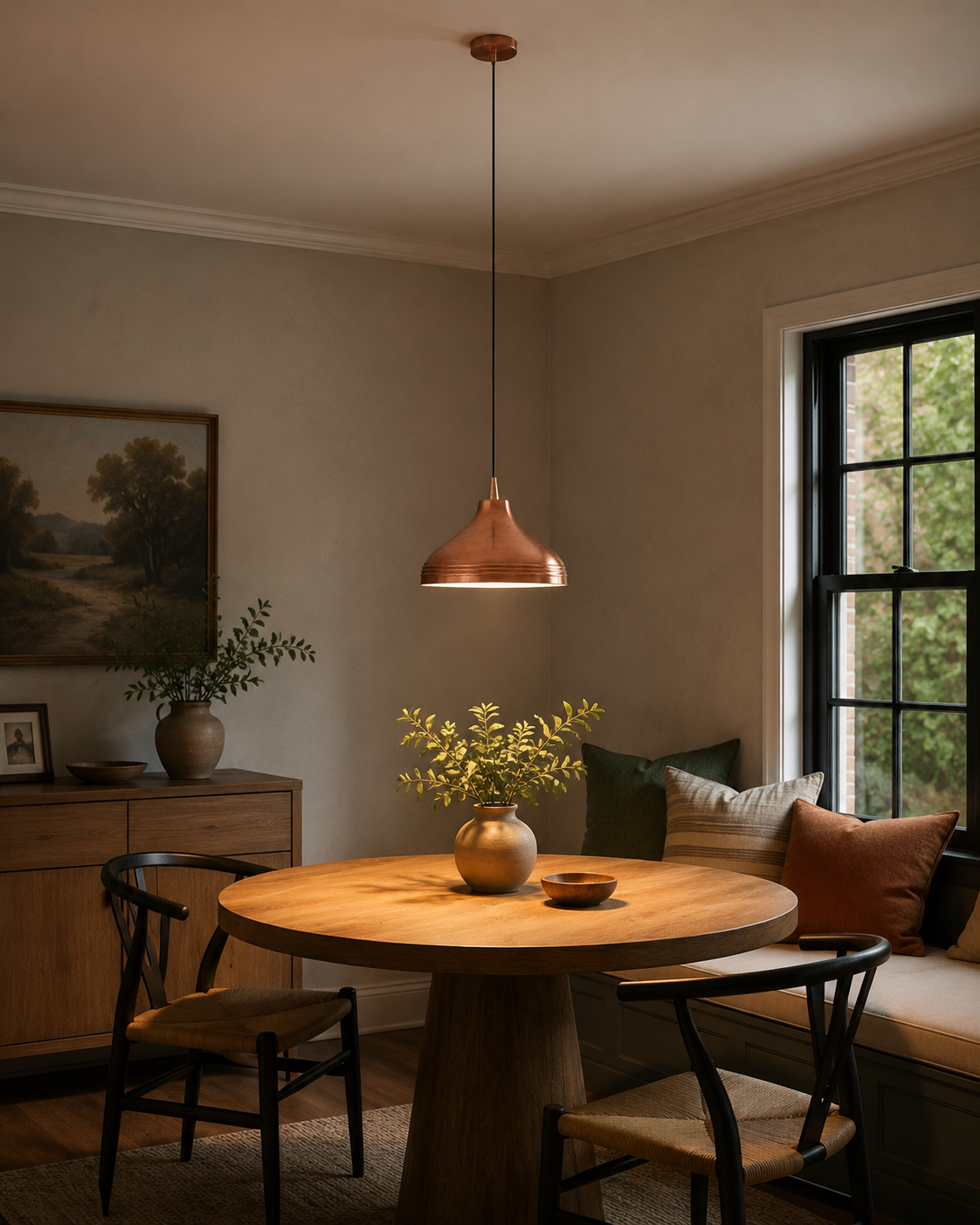 Marlow Copper Dome Pendant Light installed above a round wooden dining table in a warm modern dining room, creating inviting ambient illumination with its handcrafted copper dome shade.