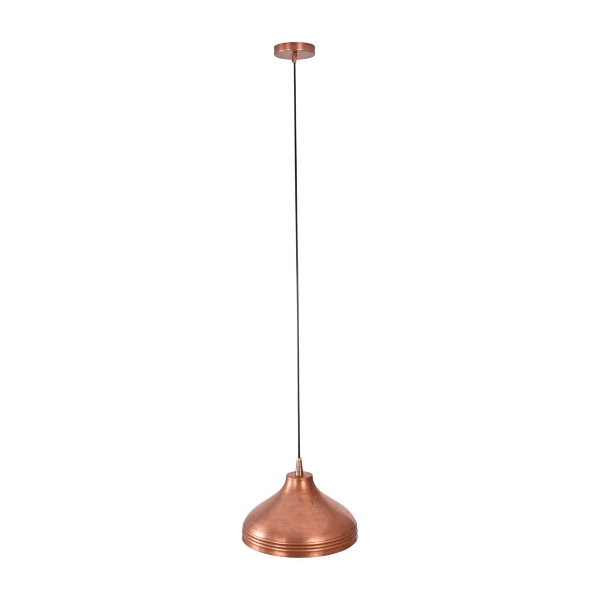 Front view of the Marlow Copper Dome Pendant Light showcasing its handcrafted spun copper dome shade, stepped detailing, and adjustable black suspension cord.