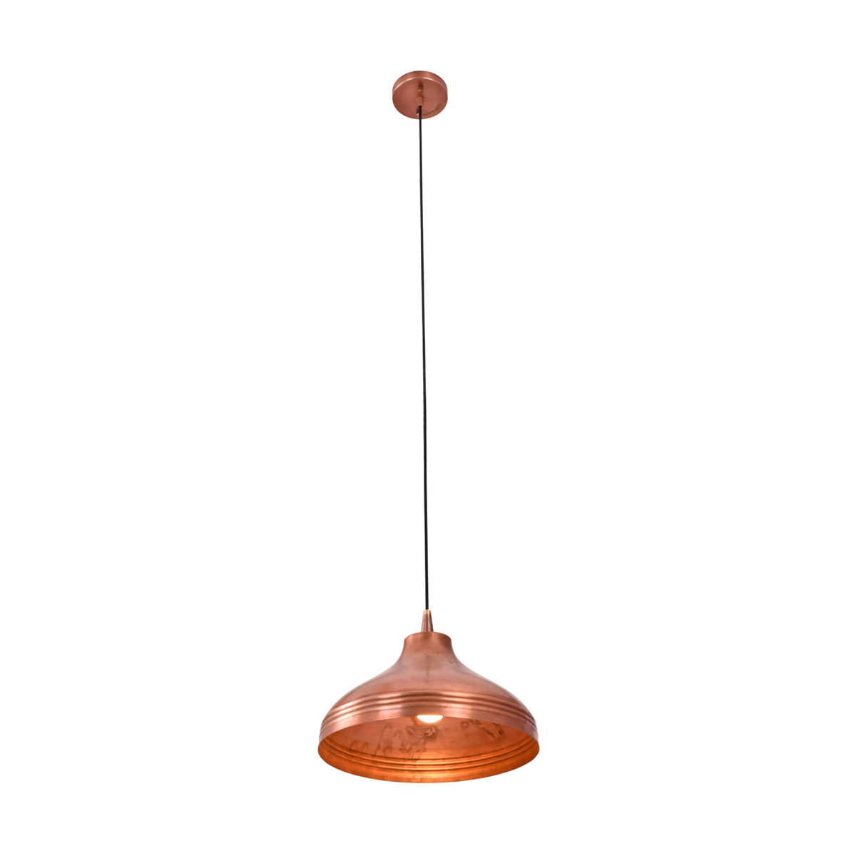 Front view of the Marlow Copper Dome Pendant Light illuminated with a warm glow, featuring a handcrafted spun copper dome shade and adjustable suspension cord.
