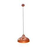Front view of the Marlow Copper Dome Pendant Light illuminated with a warm glow, featuring a handcrafted spun copper dome shade and adjustable suspension cord.