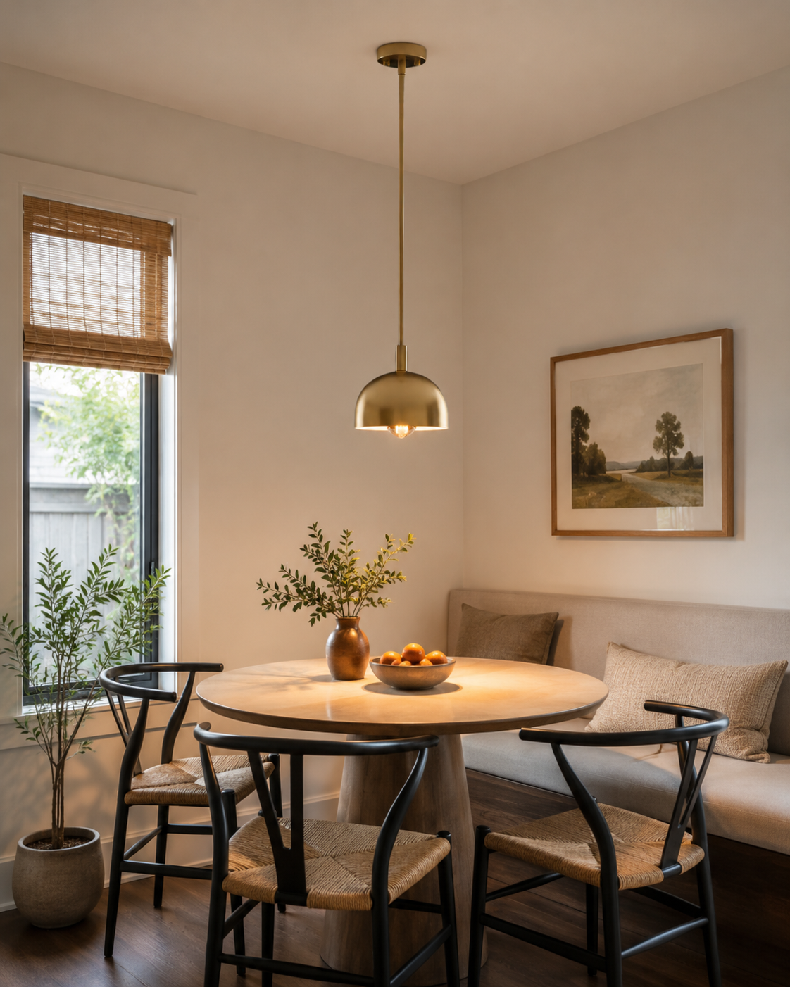 Marlow brass dome pendant light installed above a modern dining table, providing warm ambient illumination in a Scandinavian-inspired dining room.