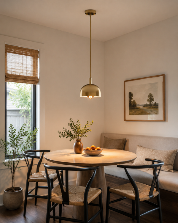 Marlow brass dome pendant light installed above a modern dining table, providing warm ambient illumination in a Scandinavian-inspired dining room.