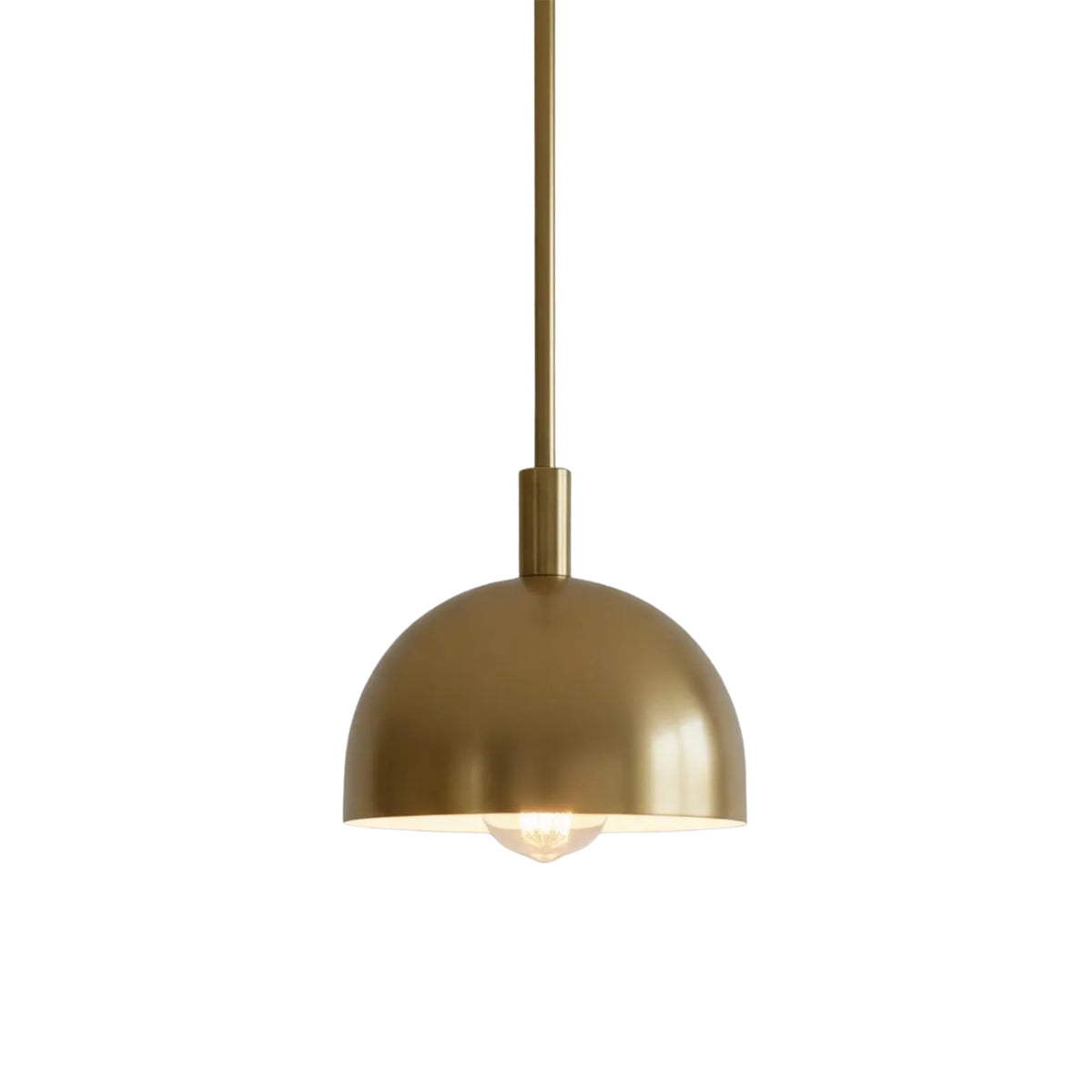 Front view of Marlow dome pendant light featuring a handcrafted brass metal shade with exposed bulb.