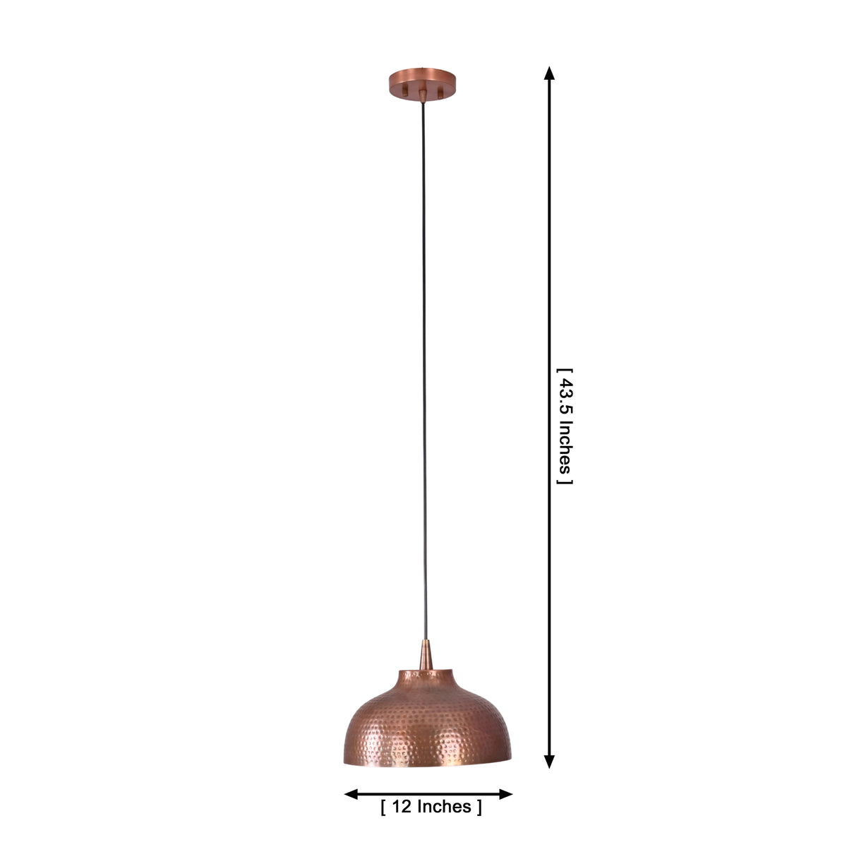 Dimension drawing of the Marlow hammered copper dome pendant light measuring 12 inches wide with an adjustable overall hanging height of 43.5 inches.